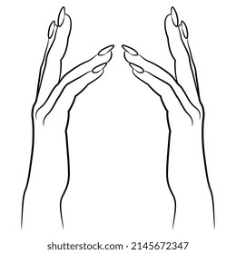Two raised up human female hands with long nails in elegant gesture. Black and white linear silhouette. Cartoon style.