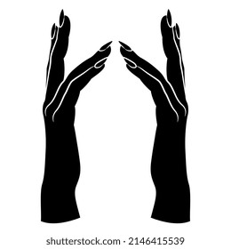 Two raised up human female hands with long nails in elegant gesture. Black and white negative silhouette. Cartoon style.