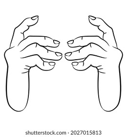 Two Raised Up Human Hands With Bent Fingers. Pointing Index Finger. Holding Gesture. Black And White Linear Silhouette. Cartoon Style.