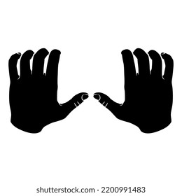 Two raised up human hands with bent fingers. Clinging clambering up gesture. Cartoon style. Black and white negative silhouette.