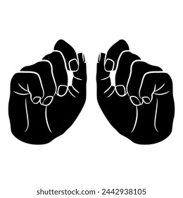 Two raised up human hands with bent fingers. Relaxed fist gesture. Cartoon style. Black and white silhouette.