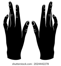 Two raised up human hands in elegant gesture. Black and white negative silhouette. Top view. Cartoon style.