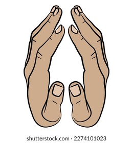 Two raised up human hands folded together. Praying gesture. Cartoon style.  Isolated vector illustration.