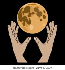 Two raised up human hands holding or catching full moon. Creative concept. On black background.