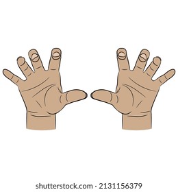 Two raised up human hands with open palms and bent fingers. Grasping gesture. Cartoon style.