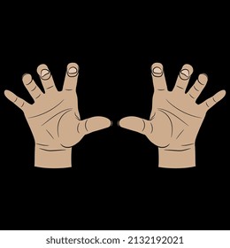 Two raised up human hands with open palms and bent fingers. Grasping gesture. Cartoon style. On black background.