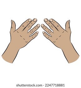 Two raised up human hands with open fingers. Praying gesture. Cartoon style. Isolated vector illustration.