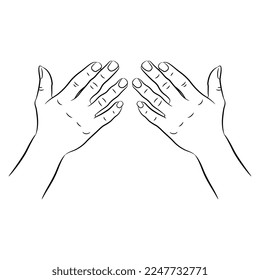 Two raised up human hands with open fingers. Praying gesture. Cartoon style. Black and white linear silhouette.