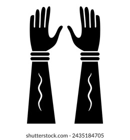 Two raised up human hands with open palms. Arm symbol. Black and white silhouette.
