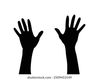 Two raised up Human hands with open palms. Arm symbol. Black and white silhouette Vector illustration.