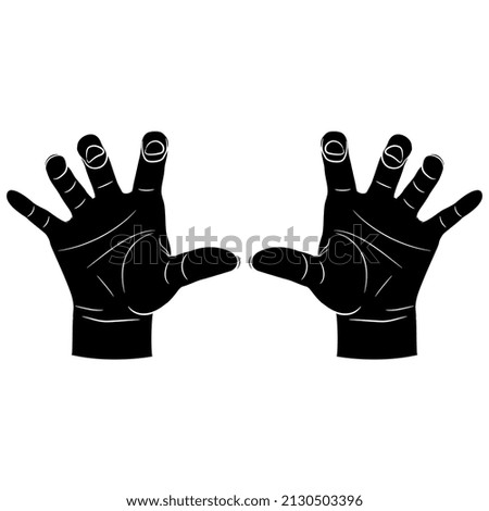 Two raised up human hands with open palms and bent fingers. Grasping gesture. Black and white negative silhouette.