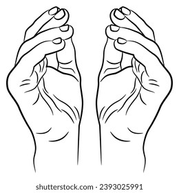 Two raised up human hands in pinch or snap gesture. Cartoon style. Black and white linear silhouette.