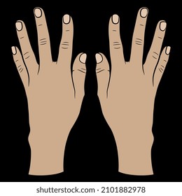 Two raised un female hands with open fingers. Top view. Cartoon style. On black background.