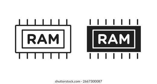 Dois ícones de chip de RAM, um em um estilo de linha e um em um estilo sólido, isolado em um fundo branco.
