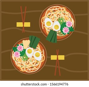 two ramen with wooden table vector