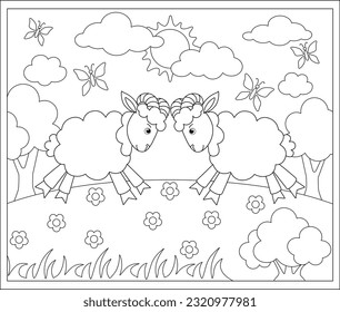 Two rams butt heads in a meadow - a vector linear picture for coloring. Outline. Sheep fight among themselves in the background of the landscape. Trees, bushes and grass, sky