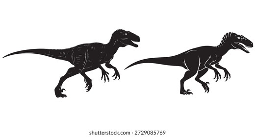 Two raptor dinosaurs running fast in side view profile image