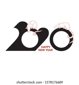 Two rats and 2020 typography. Happy New Year Greetings. Vector illustration isolated on white