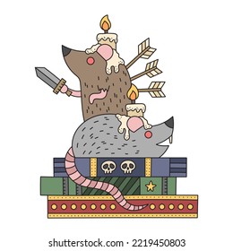 Two rats with candle on the head protected witch books. Rodent in library. Little mosu knight. Funny fantasy drawing. Cartoon vector illustration for kids. Isolated on white