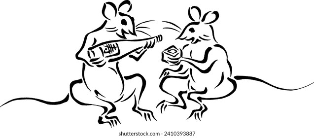 Two rats drink festive liquor (Choju-Jinbutsu-giga style)