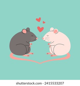 Two rats in love sitting together. Romantic rodents couple with hearts. Vector flat illustration for valentines day poster, banner, greeting card