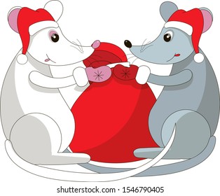 Two rats in a suit of Santa Claus. In the new year with a bag of gifts. 
