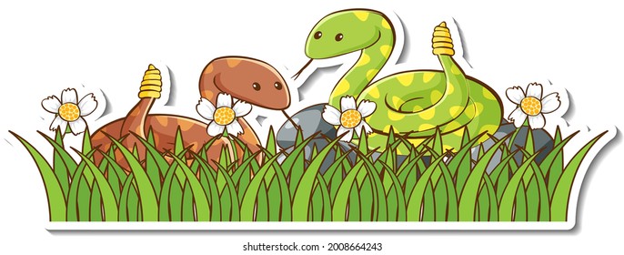 Two rattle snakes in green grass sticker illustration