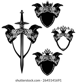 two raven birds head and wing with heraldic shield, king crown, knight sword and rose flowers - medieval style fantasy coat of arms hand drawn vector design set