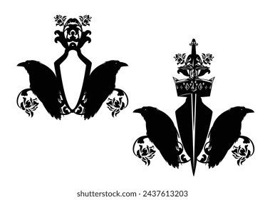 two raven birds with heraldic shield, king crown, knight sword and rose flowers - medieval style fantasy coat of arms vector design set