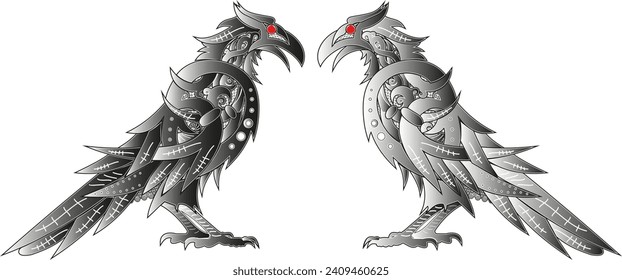 Two ravens of the god Odin Hugin and Munin drawn in the Scandinavian style