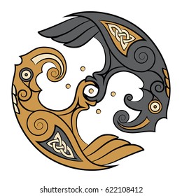 Two Ravens Of The God Odin In Scandinavian Style. Huginn and Muninn, isolated on white, vector illustration