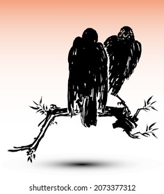Two ravens on a branch in the sunset. Vector illustration in the style of japanese ukiyo-e woodblock watercolor prints.