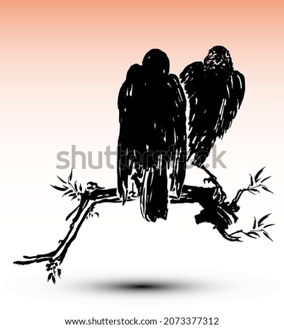 Two ravens on a branch in the sunset. Vector illustration in the style of japanese ukiyo-e woodblock watercolor prints.
