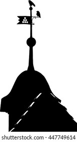 Two ravens on the point of a weather vane in black and white contour representation 