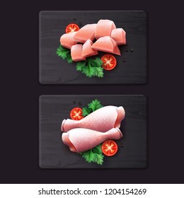 Two raw chicken legs and fillet chunks with peppercorns, tomatoes and parsley  on wooden black cutting board, top view. Vector realistic illustration isolated on black background
