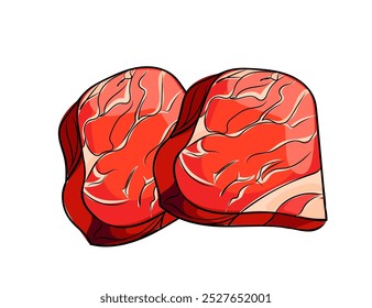 Dois pedaços de carne crua. Bife fatiado com marmoreado. Prato gourmet picado. Ilustração vetorial isolada sobre fundo branco.