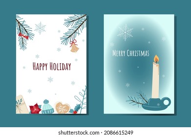 Zwei vorgefertigte Postkarten für einen Winterurlaub mit Kerze und Ästen eines Weihnachtsbaumes. Vektorgrafik für Dekoration