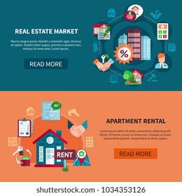 Two real estate banner set with apartment rental and real estate market headlines vector illustration