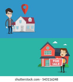 Dois banners imobiliários com espaço para texto. Design plano vetorial. Layout horizontal. Corretor oferecendo a casa. Corretor de imóveis com cartaz para venda e documentos em mãos de pé sobre o fundo da casa