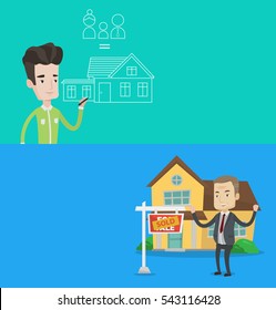 Two real estate banners with space for text. Vector flat design. Horizontal layout. Man drawing family house. Man drawing a house with a family. Man dreaming about future life in a new family house.