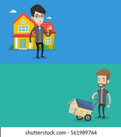 Two real estate banners with space for text. Vector flat design. Horizontal layout. Caucasian house owner holding key. Owner with key standing on the background of house. Happy new owner of a house.