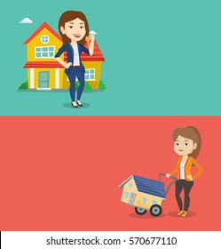 Two real estate banners with space for text. Vector flat design. Horizontal layout. Happy caucasian woman pushing a shopping trolley with a house. Woman using shopping trolley to transport a house.