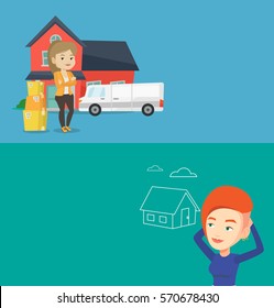 Two real estate banners with space for text. Vector flat design. Horizontal layout. New homeowner standing in front of home. Caucasian woman moving to a new house. Homeowner unpacking removal truck.