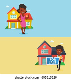 Two real estate banners with space for text. Vector flat design. Horizontal layout. African woman holding house key. House owner with key standing on the background of house. Happy new owner of house.
