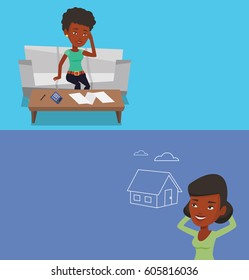 Two real estate banners with space for text. Vector flat design. Horizontal layout. African-american woman dreaming about future life in a new house. Happy woman planning her future purchase of house.