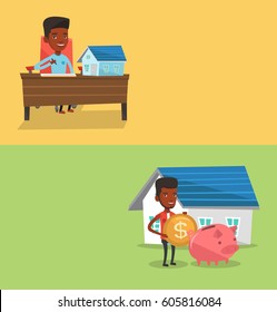 Two real estate banners with space for text. Vector flat design. Horizontal layout. Real estate agent signing home purchase contract. Real estate agent sitting at workplace with home purchase contract
