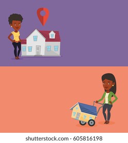 Two real estate banners with space for text. Vector flat design. Horizontal layout. Real estate agent standing on the background of map pointer above the house. Real estate agent offering the house.