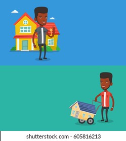 Dos carteles inmobiliarios con espacio para texto. Diseño plano vectorial. Diseño horizontal. Hombre africano empujando un tranvía de compras con una casa. Hombre comprando casa. Hombre usando vagón de compras para transportar a casa