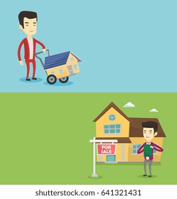 Two real estate banners with space for text. Vector flat design. Horizontal layout. Happy asian man pushing a shopping trolley with house. Young man using shopping trolley to transport a small house.
