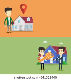 Two real estate banners with space for text. Vector flat design. Horizontal layout. Real estate agent giving key to a new owner of house. Asian real estate agent passing house keys to a new owner.